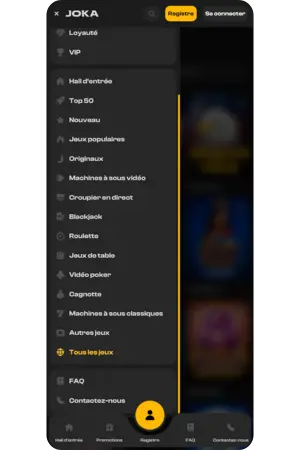 Joka Casino jeux menu navigation catégories ouvert